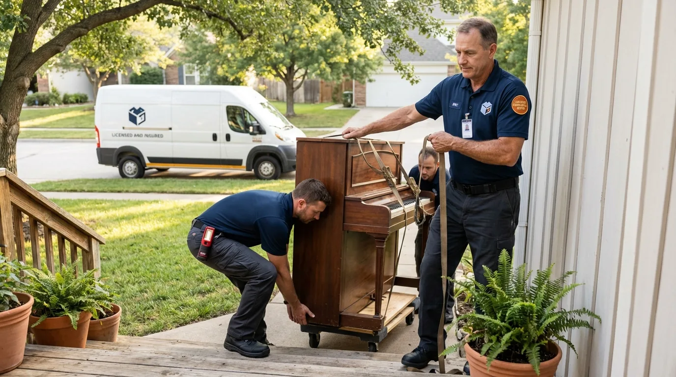 Licensed piano movers securing grand piano in Charleston, SC