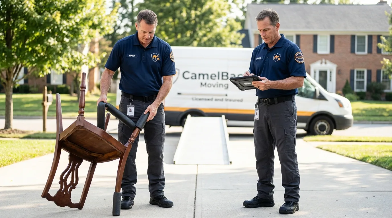 Movers inspecting furniture for damage prevention before loading in Charleston, SC