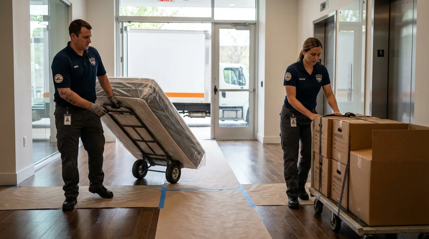 Professional apartment movers loading elevator in Charleston, SC